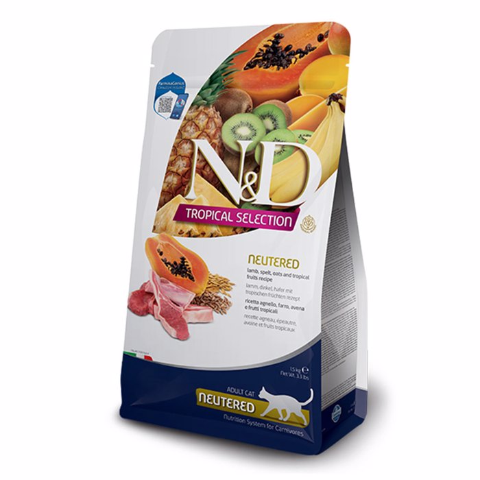 N&D Tropical Cat Adult Neutered Pliris trofi ga enilikes steiromenes gtes me Arni 300gr